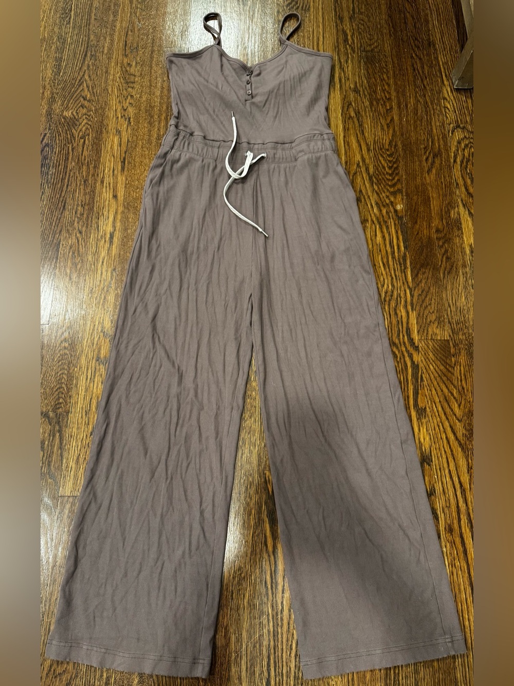Vuori Pose Henley Jumpsuit LARGE $148 brown sleeveless drawstring waist